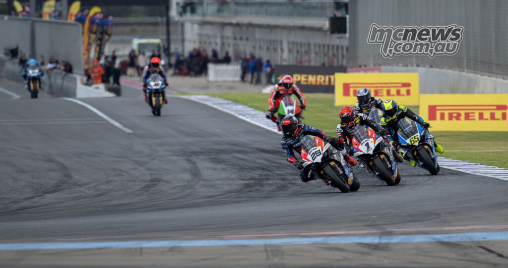 Harrison Voight leads the Superbike field during Race One at The Bend