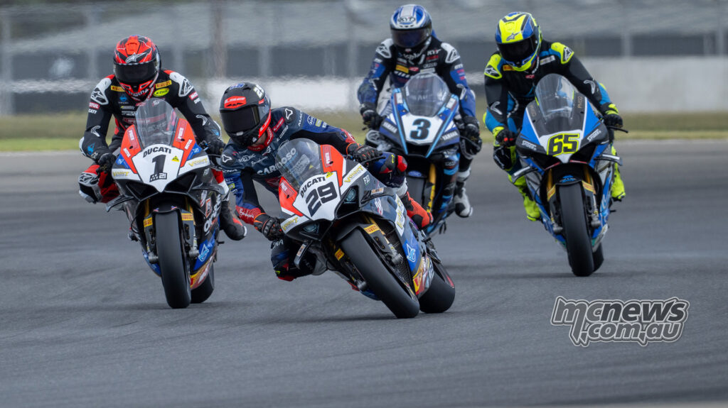 Harrison Voight leads Josh Waters, Cru Halliday and Cam Dunker in ASBK Superbike Race One