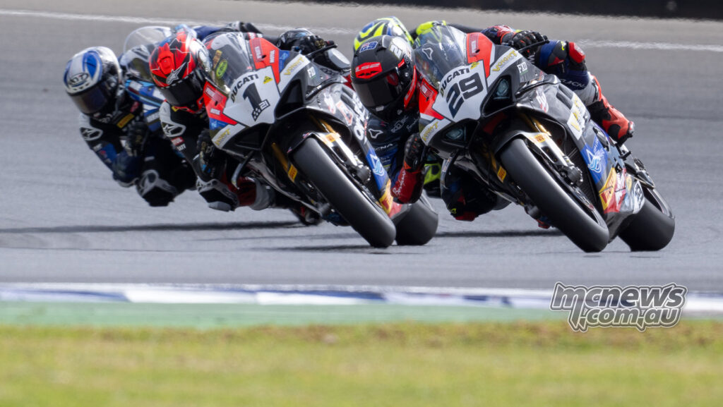 Harrison Voight leads Josh Waters and Cru Halliday in a close ASBK Superbike battle