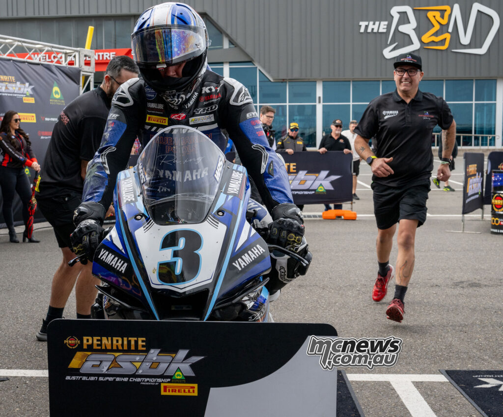 Cam Dunker in parc fermé after winning ASBK Superbike Race One at The Bend