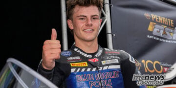 Cam Dunker in parc fermé after winning ASBK Superbike Race One at The Bend