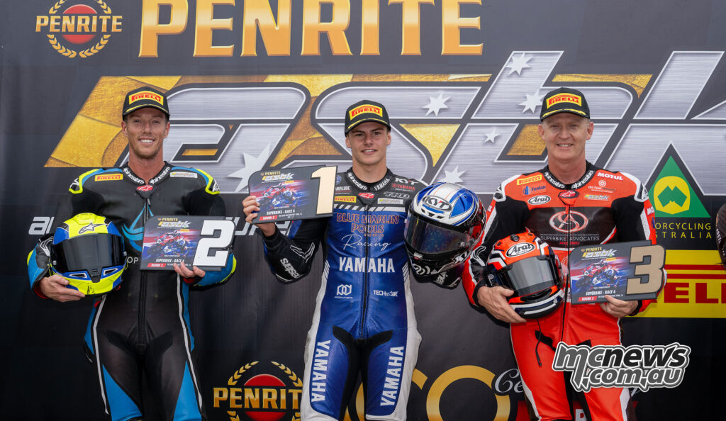 Cru Halliday, Cam Dunker and Glenn Allerton on the ASBK Superbike Race One podium at The Bend