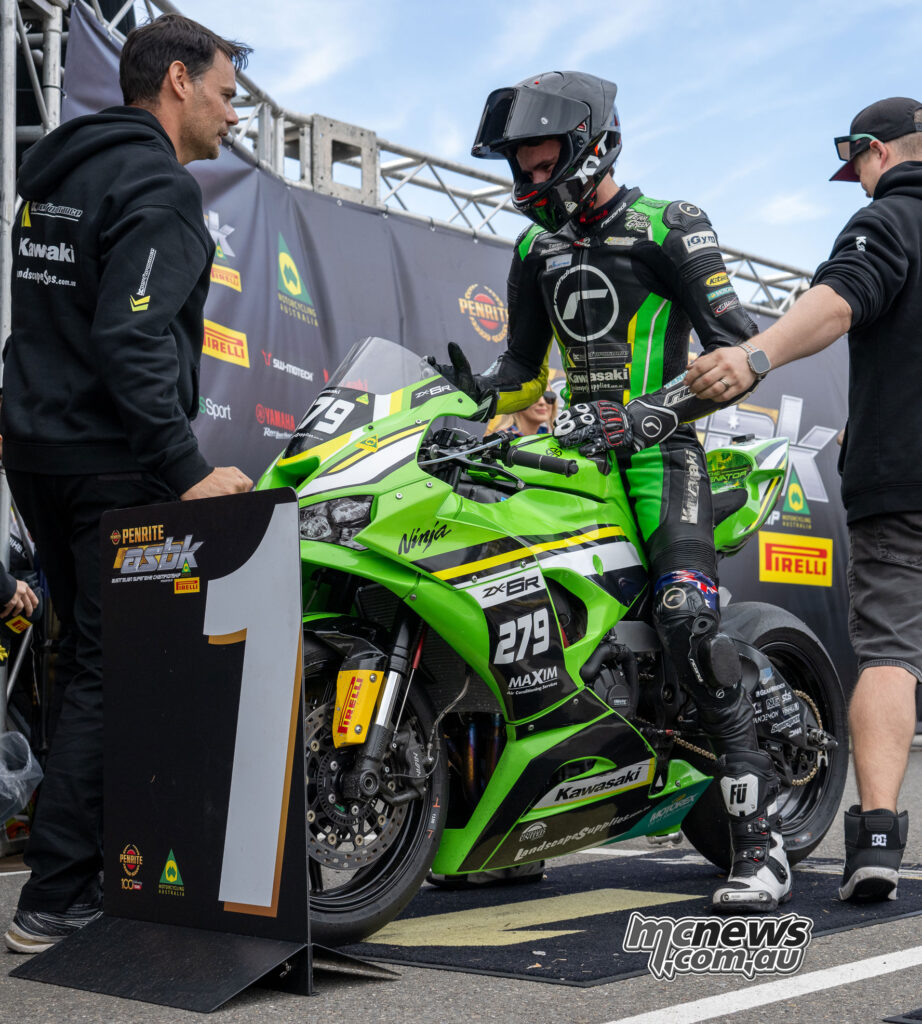 Hayden Nelson riding the BC Performance Kawasaki during Supersport Race Two at The Bend