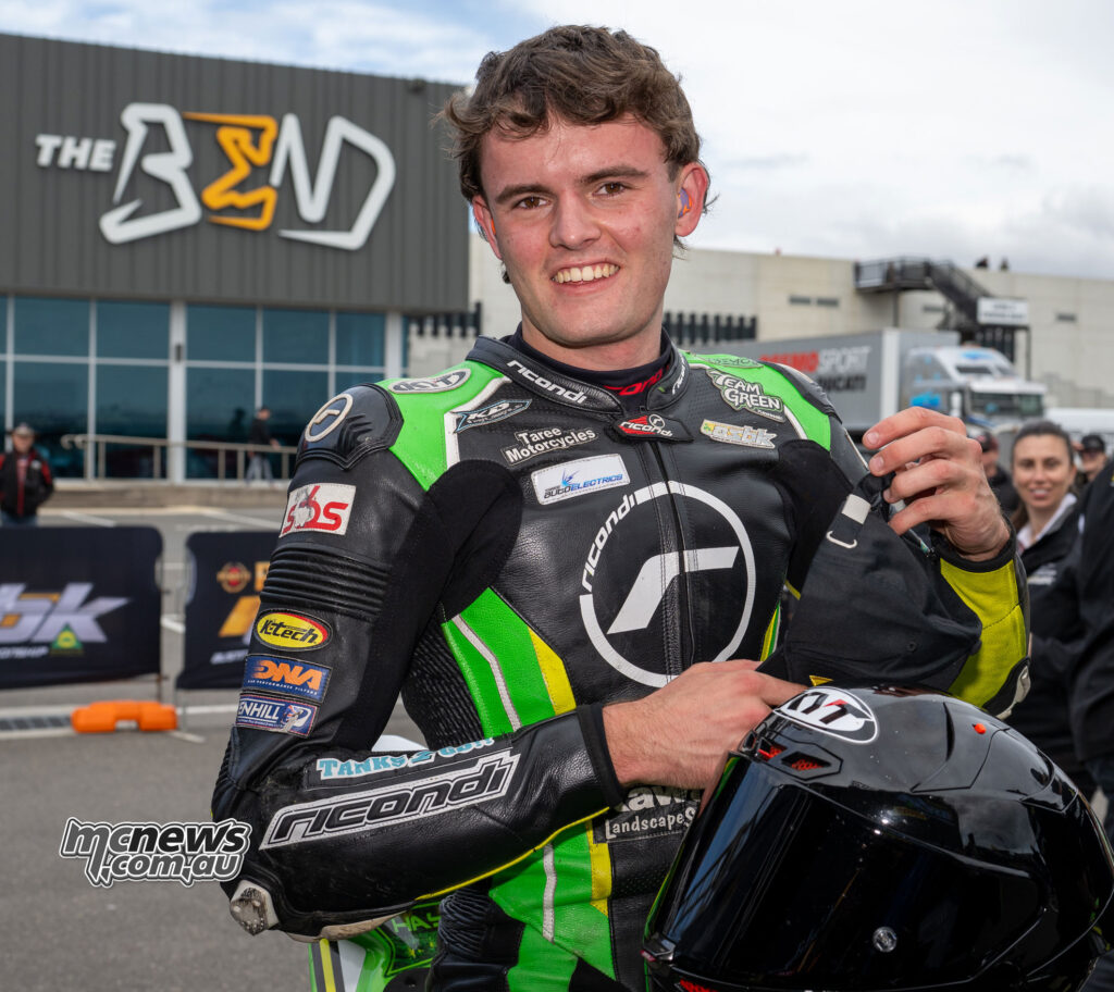 Hayden Nelson leaned over on the BC Performance Kawasaki at The Bend