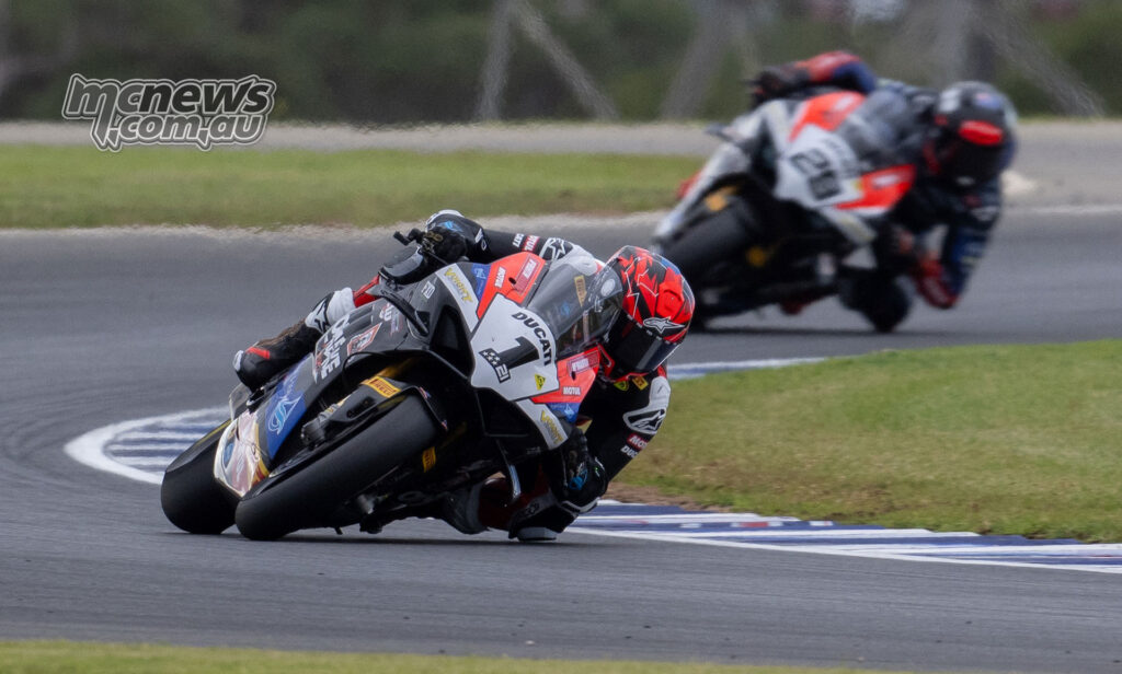 Josh Waters riding the McMartin Racing Ducati during ASBK Superbike Race Two at The Bend