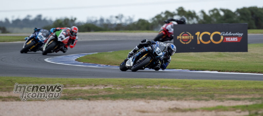 Cam Dunker riding the Blue Marlin Pools Yamaha during Superbike Race Two at The Bend
