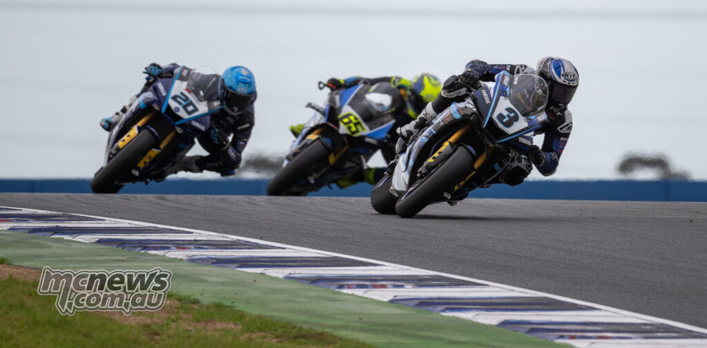 Jonathan Nahlous, Cam Dunker and Cru Halliday fighting for position in Superbike Race Two