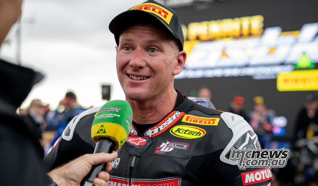 Josh Waters being interviewed after winning ASBK Superbike Race Two at The Bend