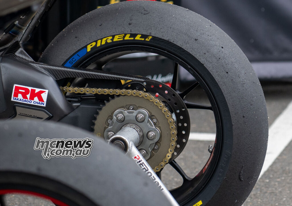 Josh Waters’ rear tyre after winning ASBK Superbike Race Two at The Bend