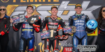 Harrison Voight, Josh Waters and Jonathan Nahlous on the ASBK Superbike Race Two podium