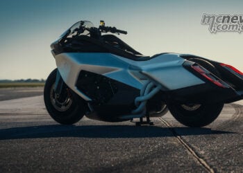 Rear three-quarter view of the BMW Vision K18 concept on an airstrip.