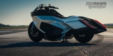 Rear three-quarter view of the BMW Vision K18 concept on an airstrip.
