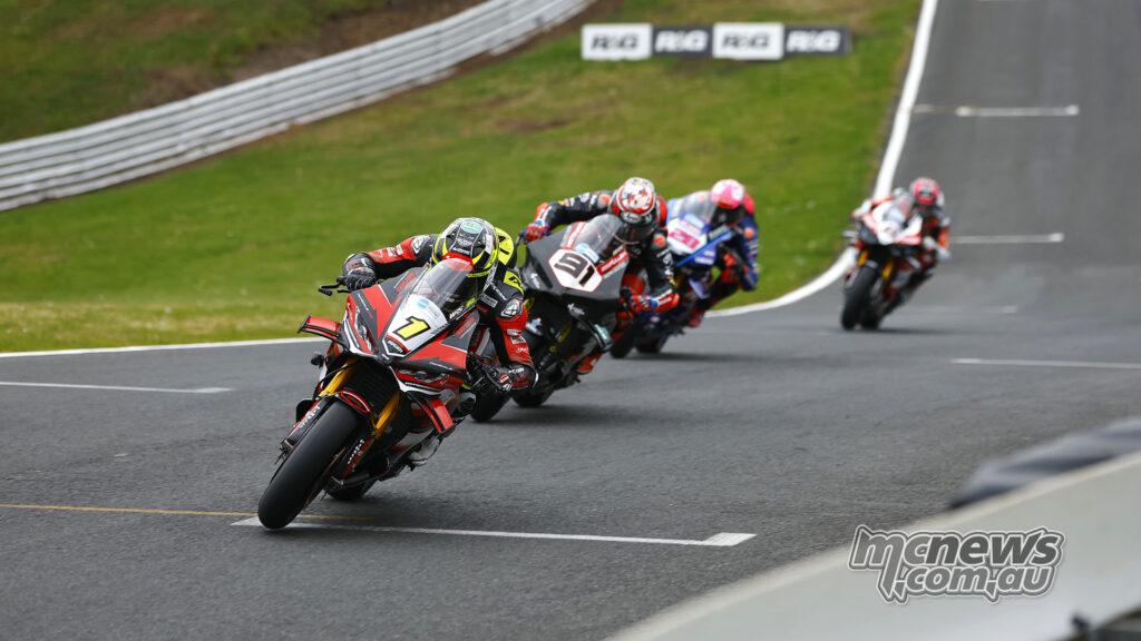 Kyle Ryde leads Leon Haslam and Bradley Ray during British Superbike Race Three at Oulton Park.