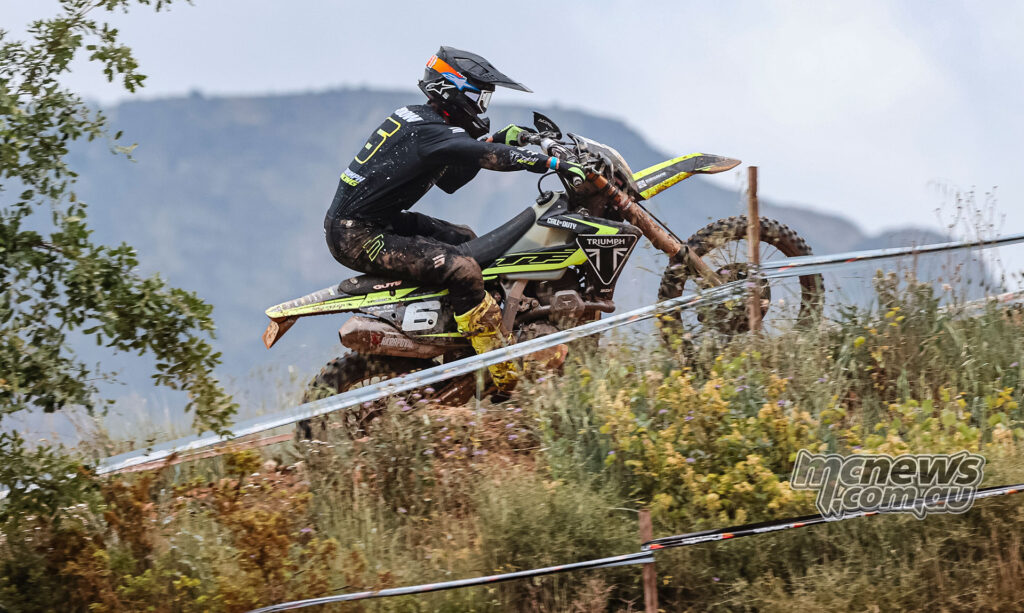 Jeremy Sydow climbs a hillside section on his Triumph during the 2026 EnduroGP of Spain.