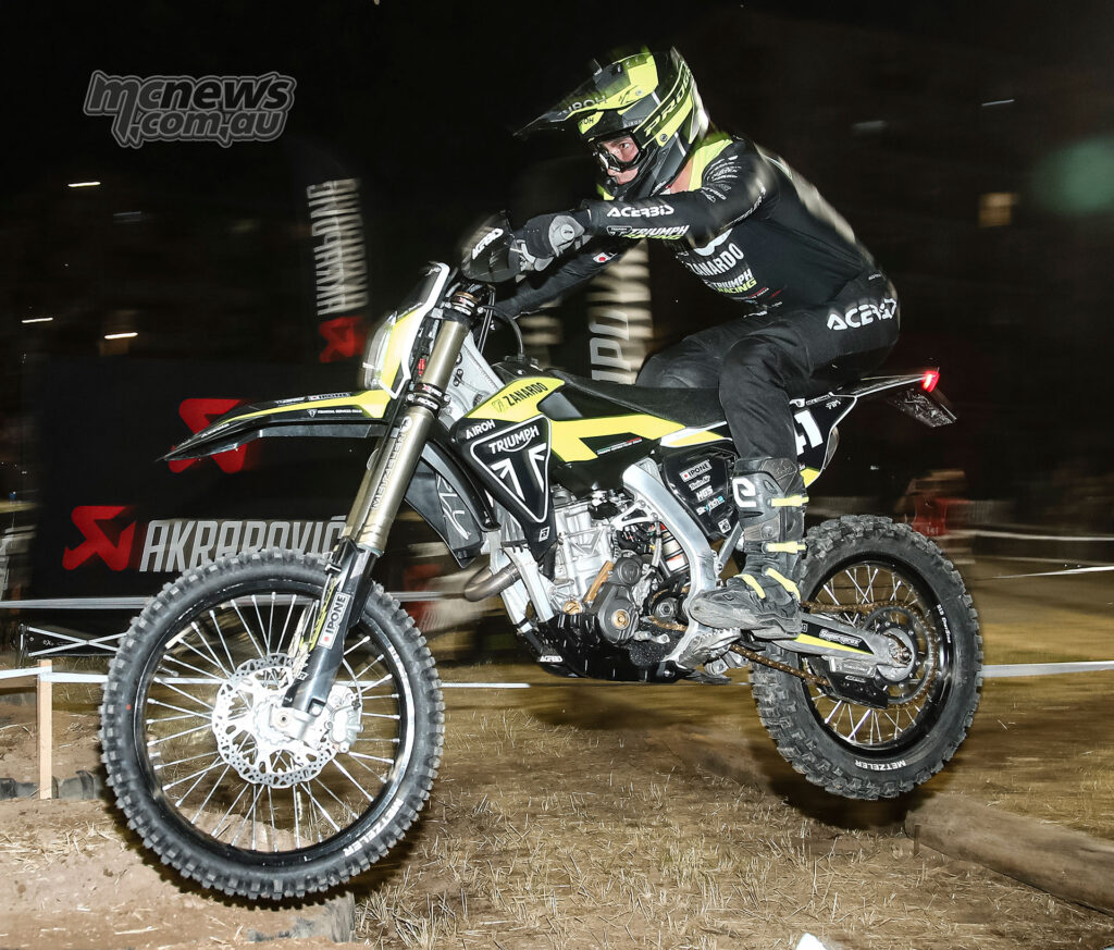 Morgan Lesiardo rides his Triumph during the night-time Super Test at Oliana.