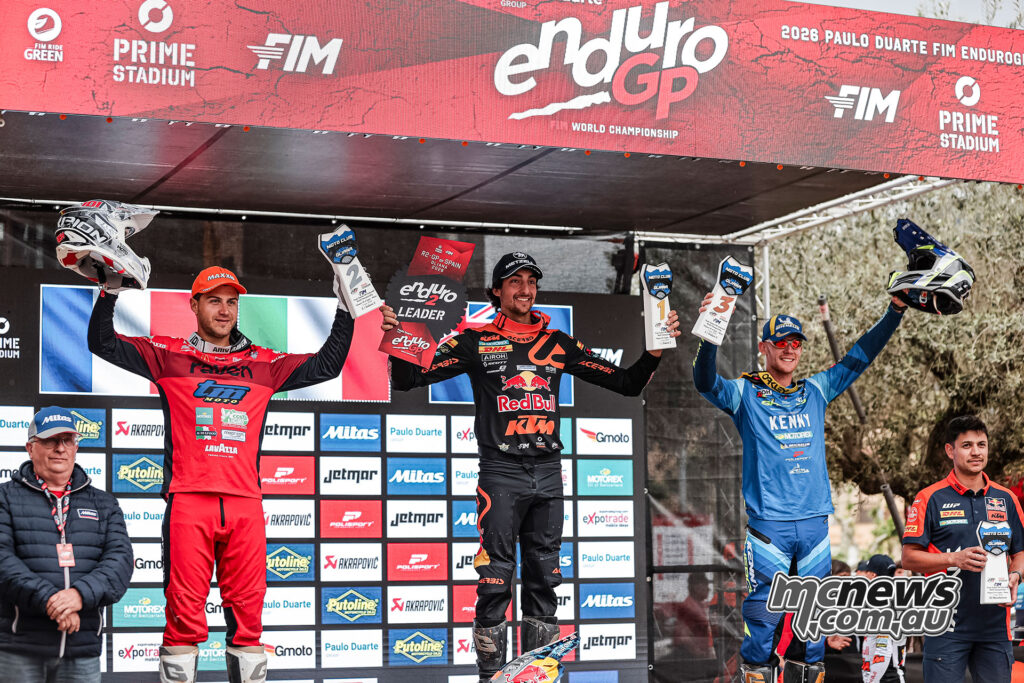 Andrea Verona, Zach Pichon and Hamish Macdonald on the Enduro2 Day Two podium at Oliana.
