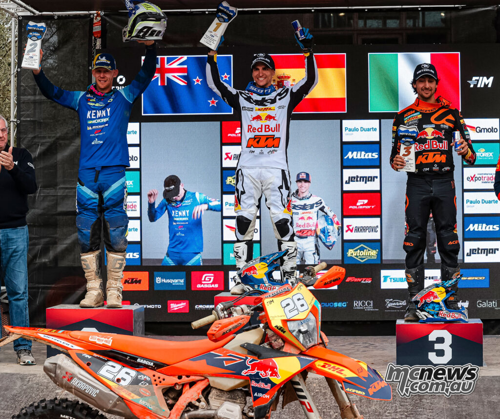 Hamish Macdonald, Josep Garcia and Andrea Verona on the EnduroGP Day One podium in Spain.