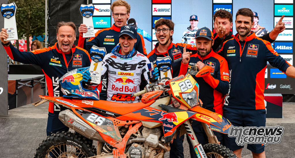 Josep Garcia celebrates with the Red Bull KTM Factory Racing team after winning at the EnduroGP of Spain.