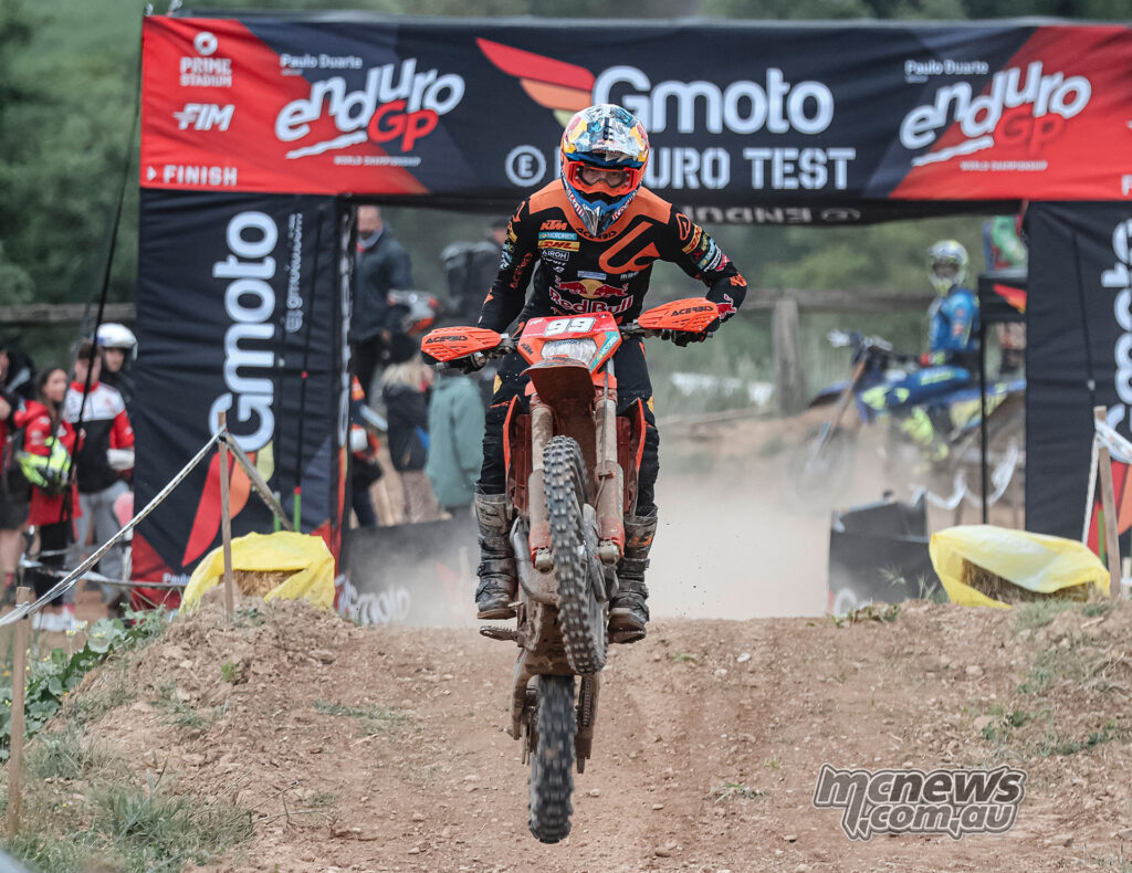 Andrea Verona jumps his KTM during an Enduro Test section at Oliana.