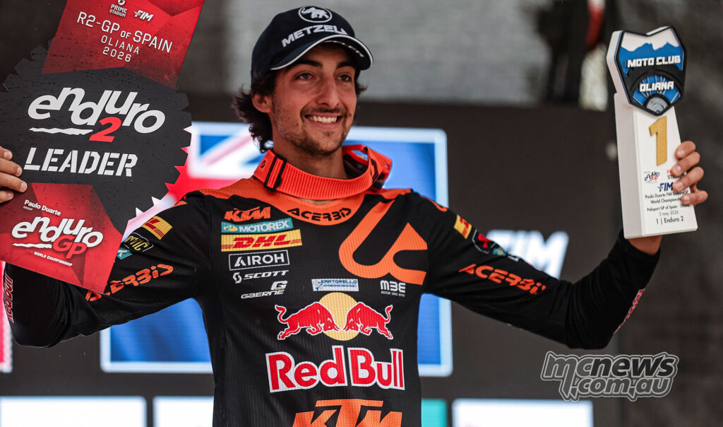 Andrea Verona holds the Enduro2 winner’s trophy after Sunday at the 2026 EnduroGP of Spain.