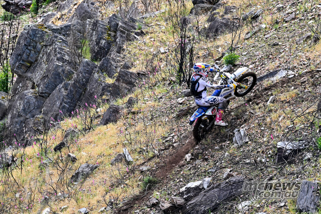 Billy Bolt climbs a steep rocky hillside on his Husqvarna at the 2026 Extreme XL Lagares.