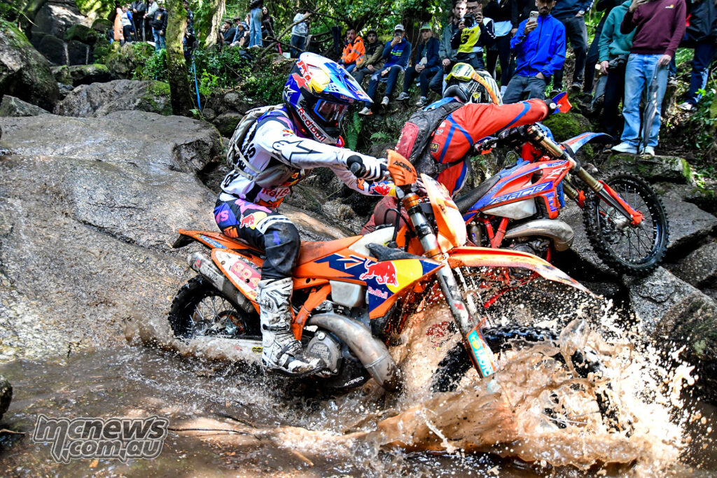 Manuel Lettenbichler rides his KTM through a rocky stream section at Extreme XL Lagares.
