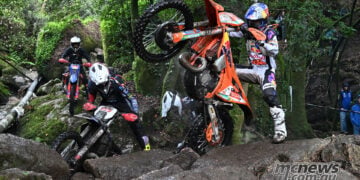 Manuel Lettenbichler lifts his KTM over wet rocks during the 2026 Extreme XL Lagares.
