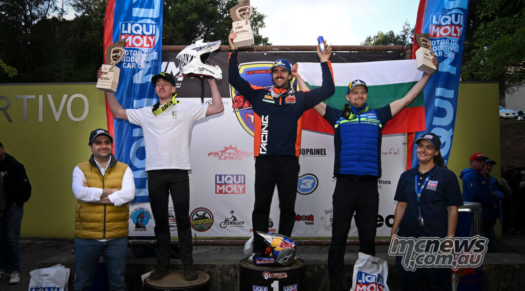 Manuel Lettenbichler, Mitch Brightmore and Teodor Kabakchiev celebrate on the Extreme XL Lagares Sunday podium.