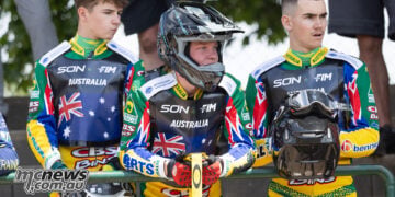 Beau Bailey, Tate Zischke and Mitchell McDiarmid in Team Australia race bibs during the 2026 FIM Speedway of Nations SON2.