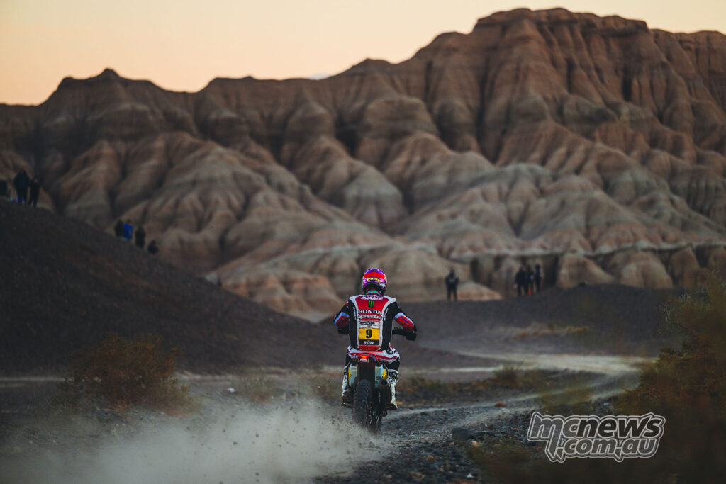 Ricky Brabec rides his Honda rally bike through a rocky Argentine canyon at the 2026 Desafío Ruta 40.