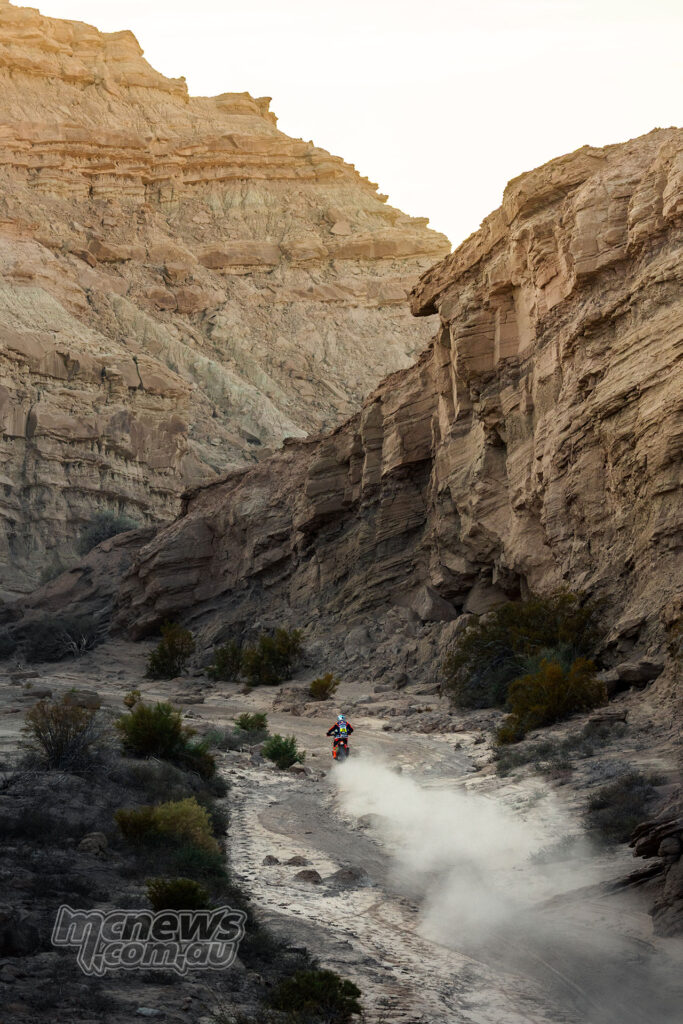 Luciano Benavides rides his Red Bull KTM rally bike through sunlit desert terrain in Argentina.