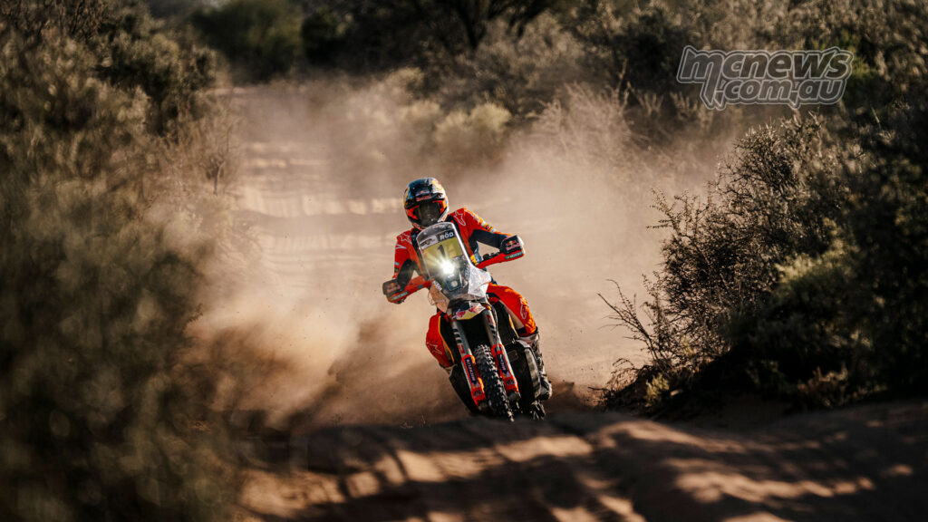 Daniel Sanders rides his Red Bull KTM rally bike through a dusty track during stage two of the 2026 Desafío Ruta 40.