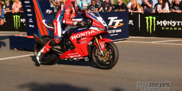 Dean Harrison leaving the TT start area on the Honda Racing UK Superbike.