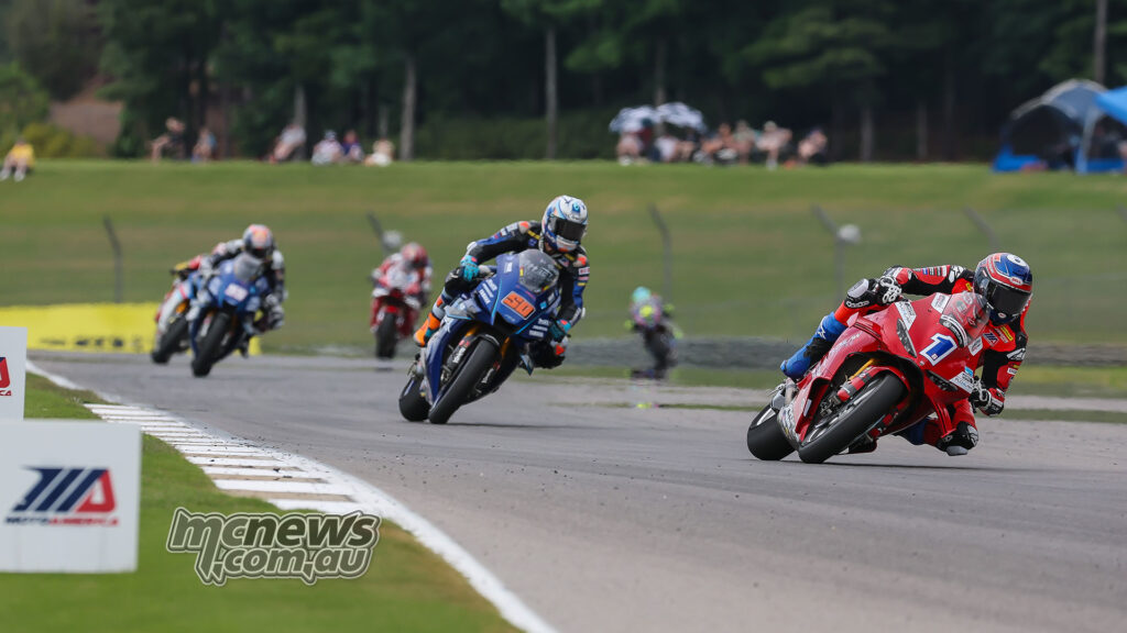 Cameron Beaubier leads Sean Dylan Kelly during MotoAmerica Superbike race one at Barber Motorsports Park.