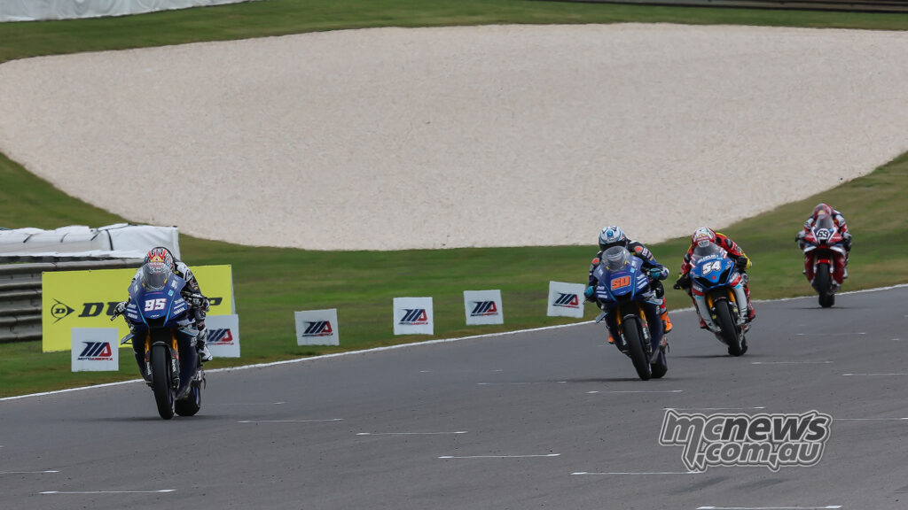 JD Beach leads Bobby Fong, Richie Escalante and Hayden Gillim in MotoAmerica Superbike race one at Barber.