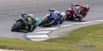 Sean Dylan Kelly rides the OrangeCat Racing BMW ahead of Brandon Paasch and Hayden Gillim at Barber.