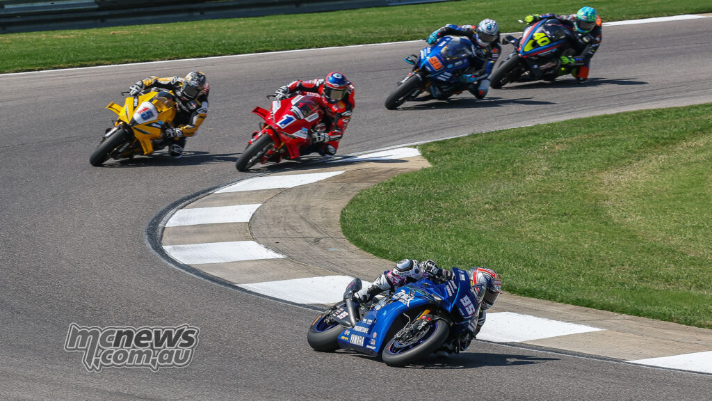 JD Beach leads Cameron Beaubier, Sean Dylan Kelly and Bobby Fong in MotoAmerica Superbike race two at Barber.