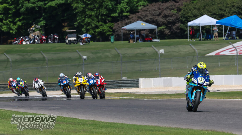 Mathew Scholtz leads the MotoAmerica Superbike field during race two at Barber Motorsports Park.