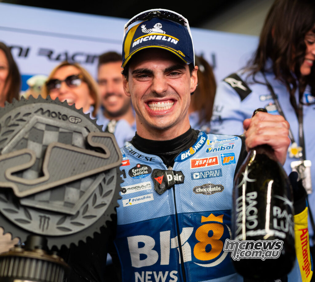 Close-up of Fermin Aldeguer celebrating second place in the Catalan MotoGP race.