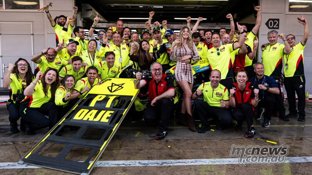 Fabio Di Giannantonio celebrates Catalan GP victory with the VR46 Racing Team.