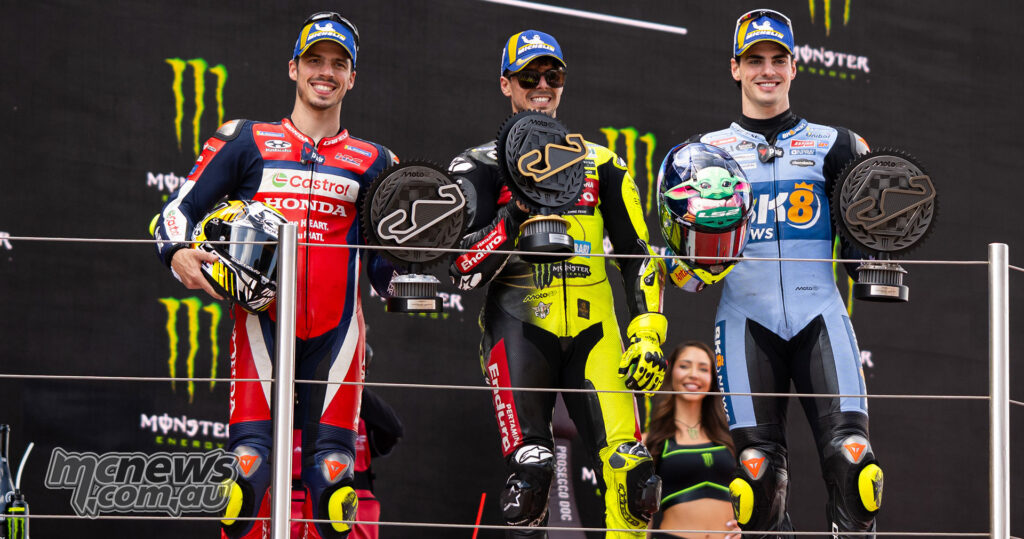 Provisional Catalan MotoGP podium with Joan Mir, Fabio Di Giannantonio and Fermin Aldeguer before penalties.
