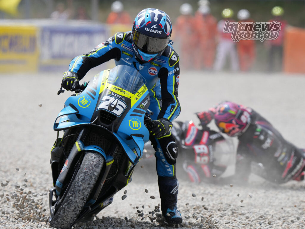 Raul Fernandez rides through the gravel after contact with Jorge Martin at Catalunya.