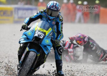 Raul Fernandez rides through the gravel after contact with Jorge Martin at Catalunya.