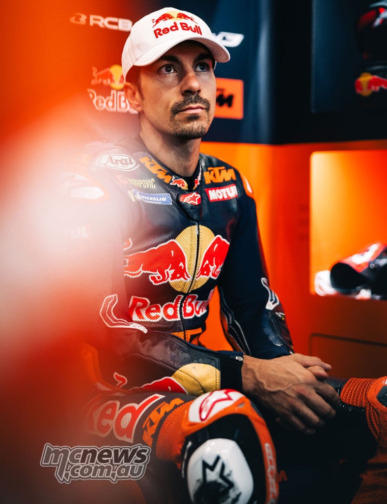 Maverick Viñales seated in the Red Bull KTM Tech3 garage during the 2026 Catalunya MotoGP Test.