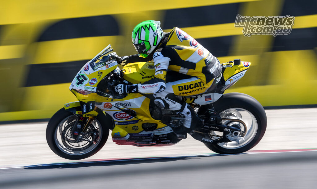 Lorenzo Baldassarri accelerates the Team GoEleven Ducati Panigale V4 R during Friday practice at Balaton Park.