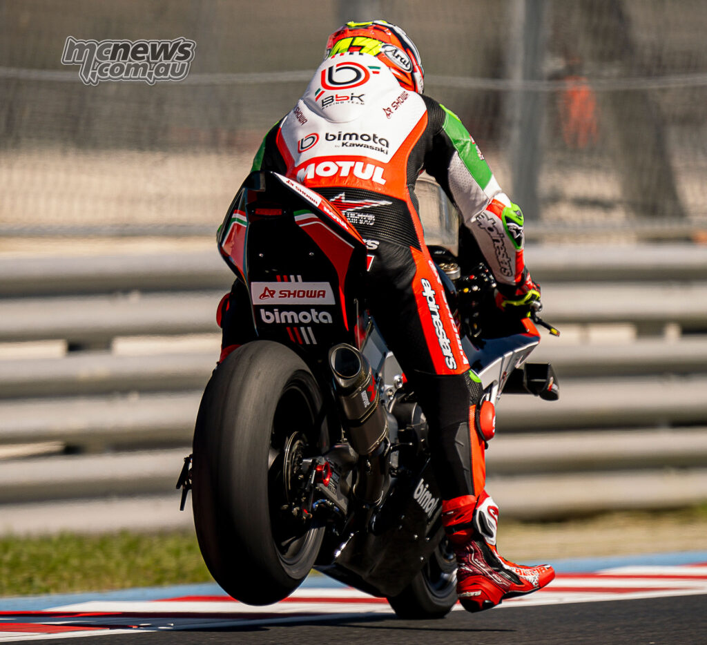 Axel Bassani brakes hard on the bimota KB998 Rimini with the rear wheel lifting during WorldSBK practice at Balaton Park.