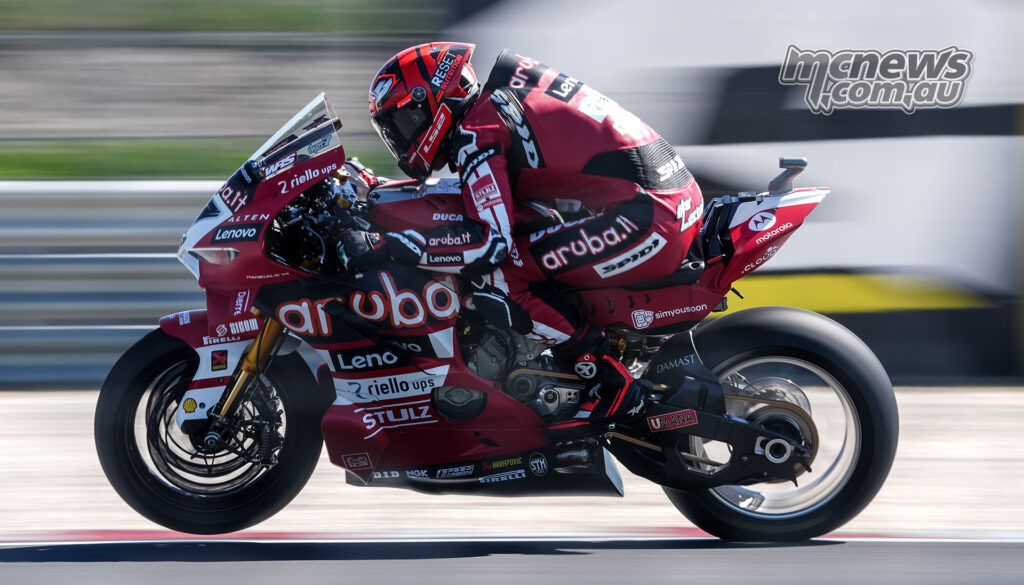 Nicolo Bulega accelerates the Aruba.it Racing Ducati Panigale V4 R during Friday practice at Balaton Park.
