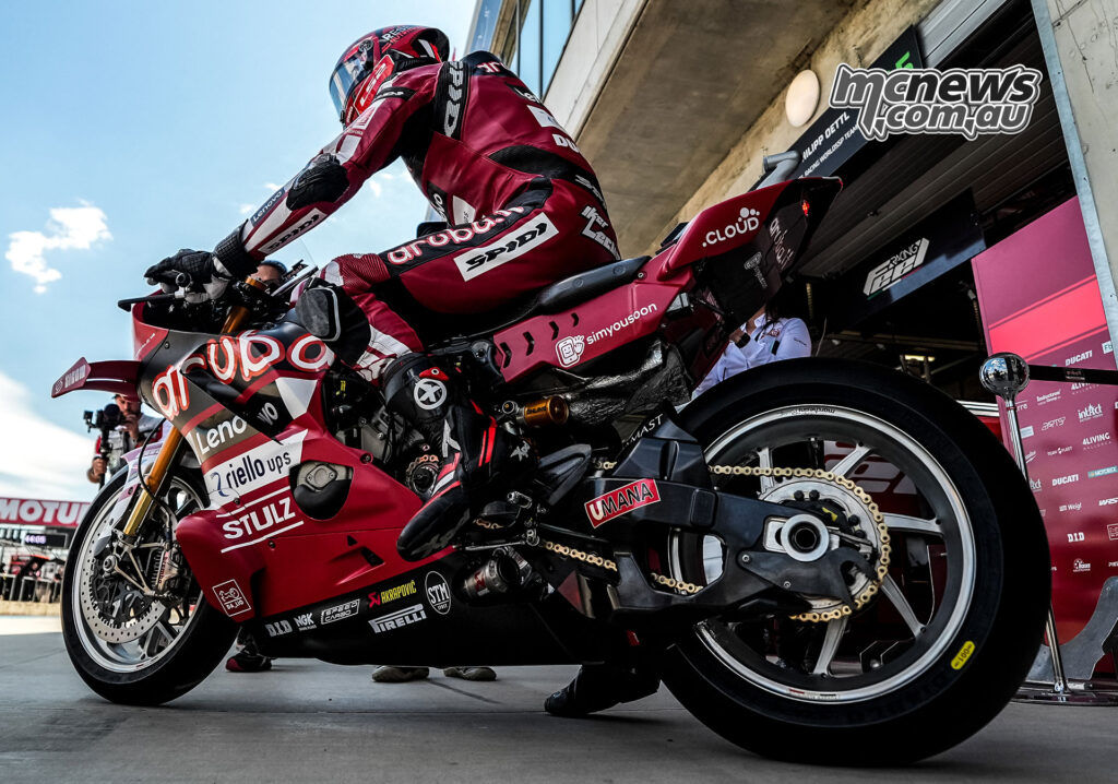 Iker Lecuona exits the Aruba.it Racing Ducati pit box during Friday practice at Balaton Park.