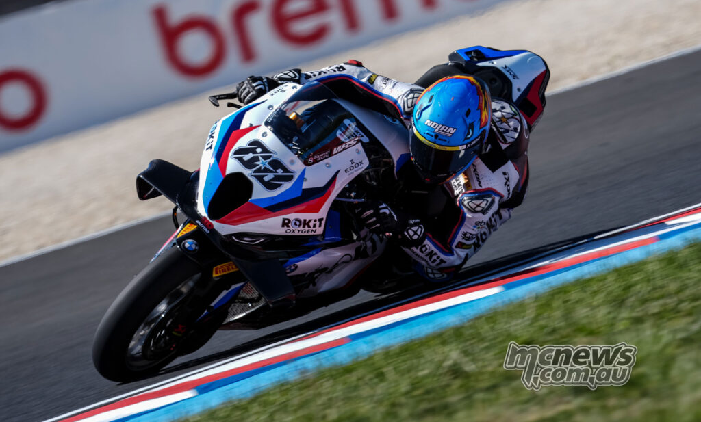 Miguel Oliveira rides the ROKiT BMW Motorrad WorldSBK Team BMW M 1000 RR through a left-hander at Balaton Park.