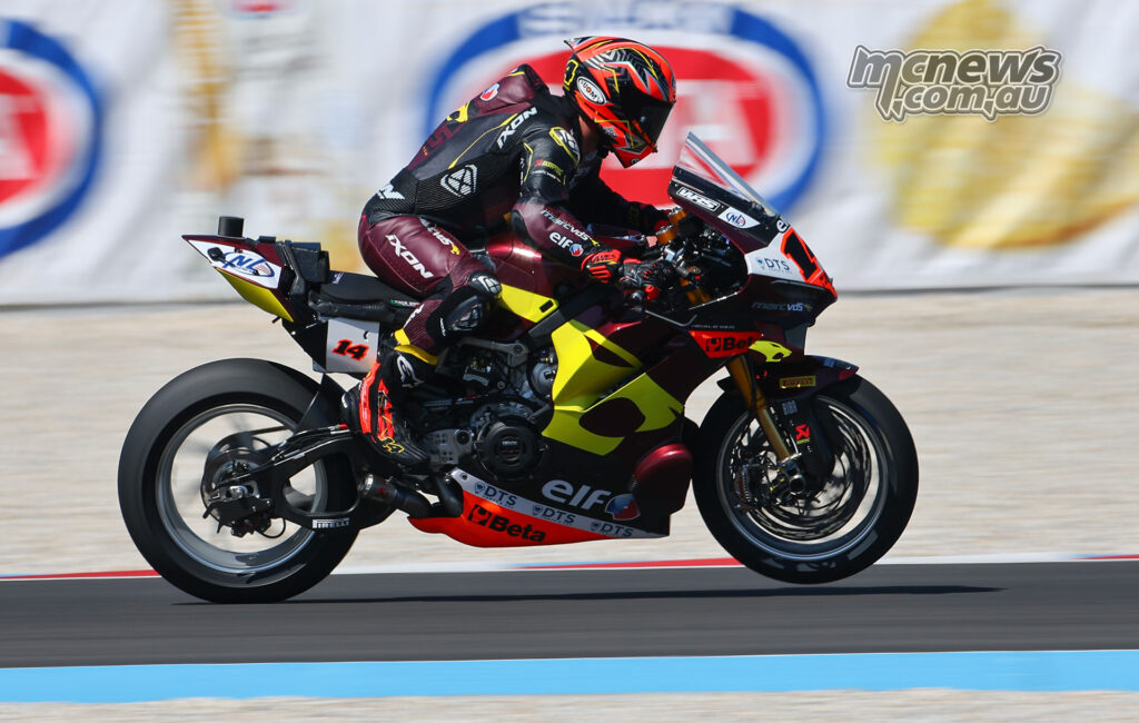 Sam Lowes accelerates the ELF Marc VDS Racing Team Ducati Panigale V4 R during WorldSBK practice at Balaton Park.